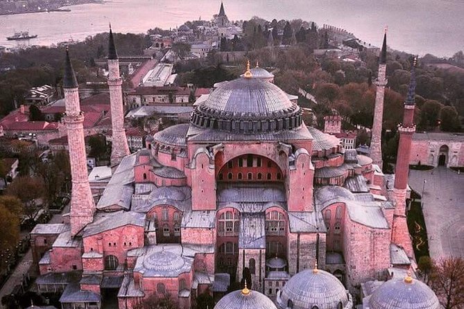 The Blue Mosque and Hagia Sophia at first light over Sultanahmet